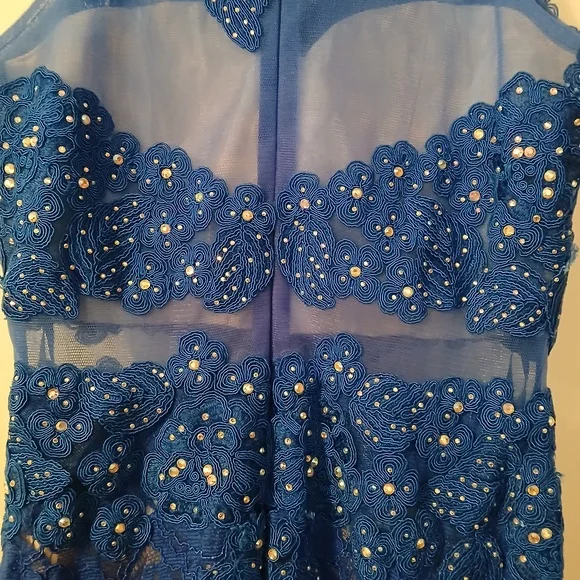 Anny Lee Blue Sequined Lace Wedding Prom Cocktail Evening Gown Dress Small - Picture 11 of 15